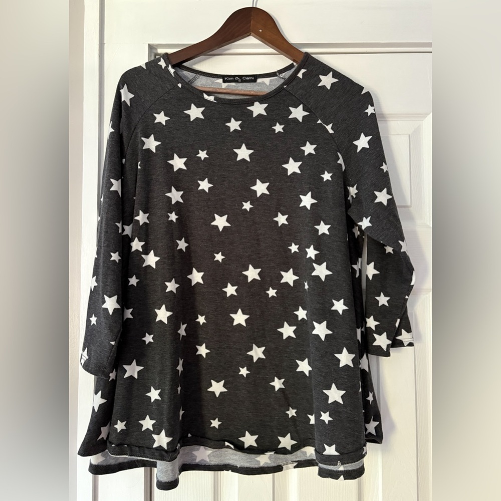 Kim &‎ Cami Charcoal Star Pattern Long Sleeve Top Size 1X EUC
